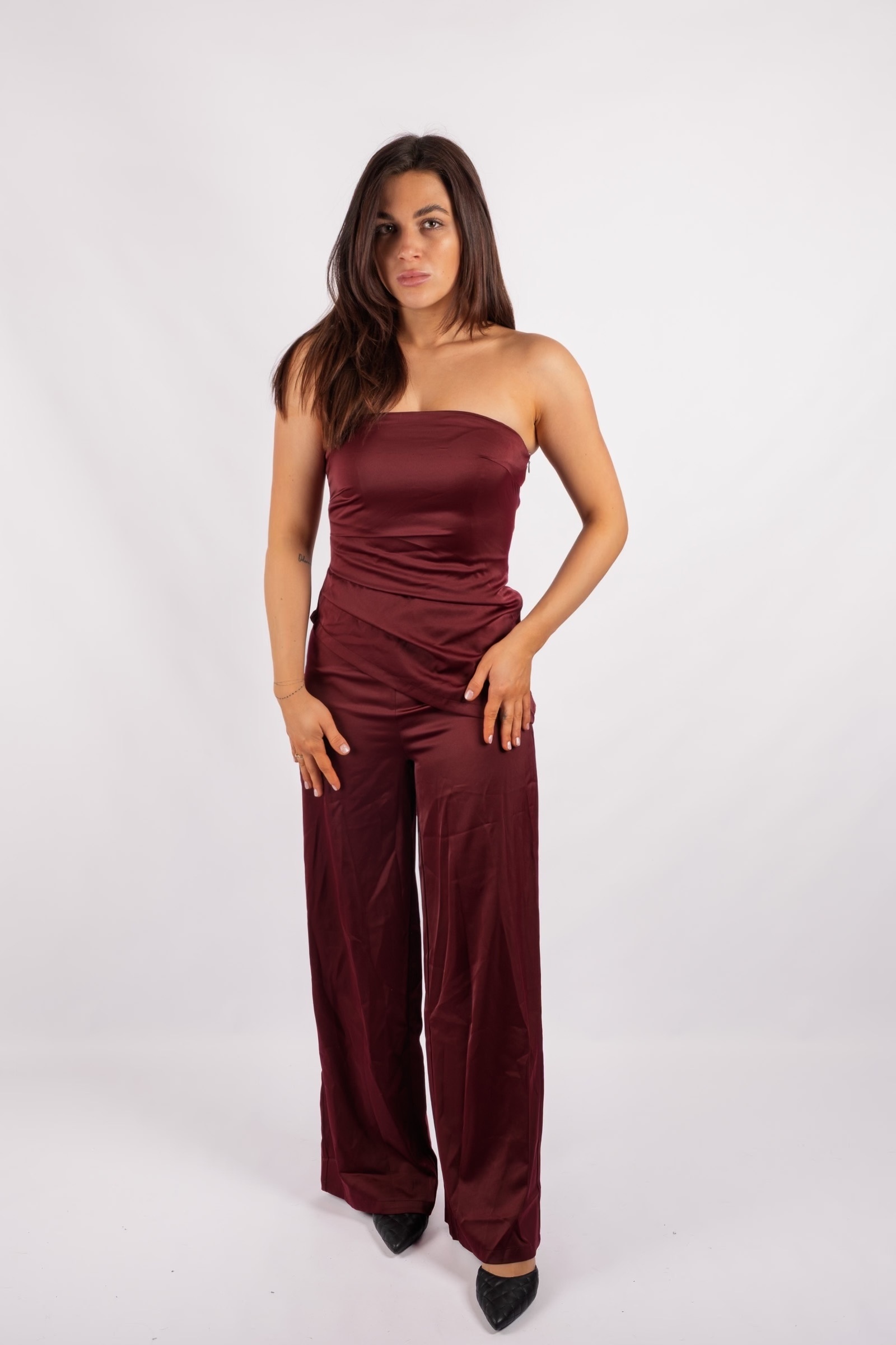 Bianco - asymmetrical burgundy satin set