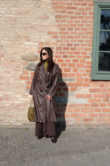 Luca - chocolate long trench coat with eco-leather ties