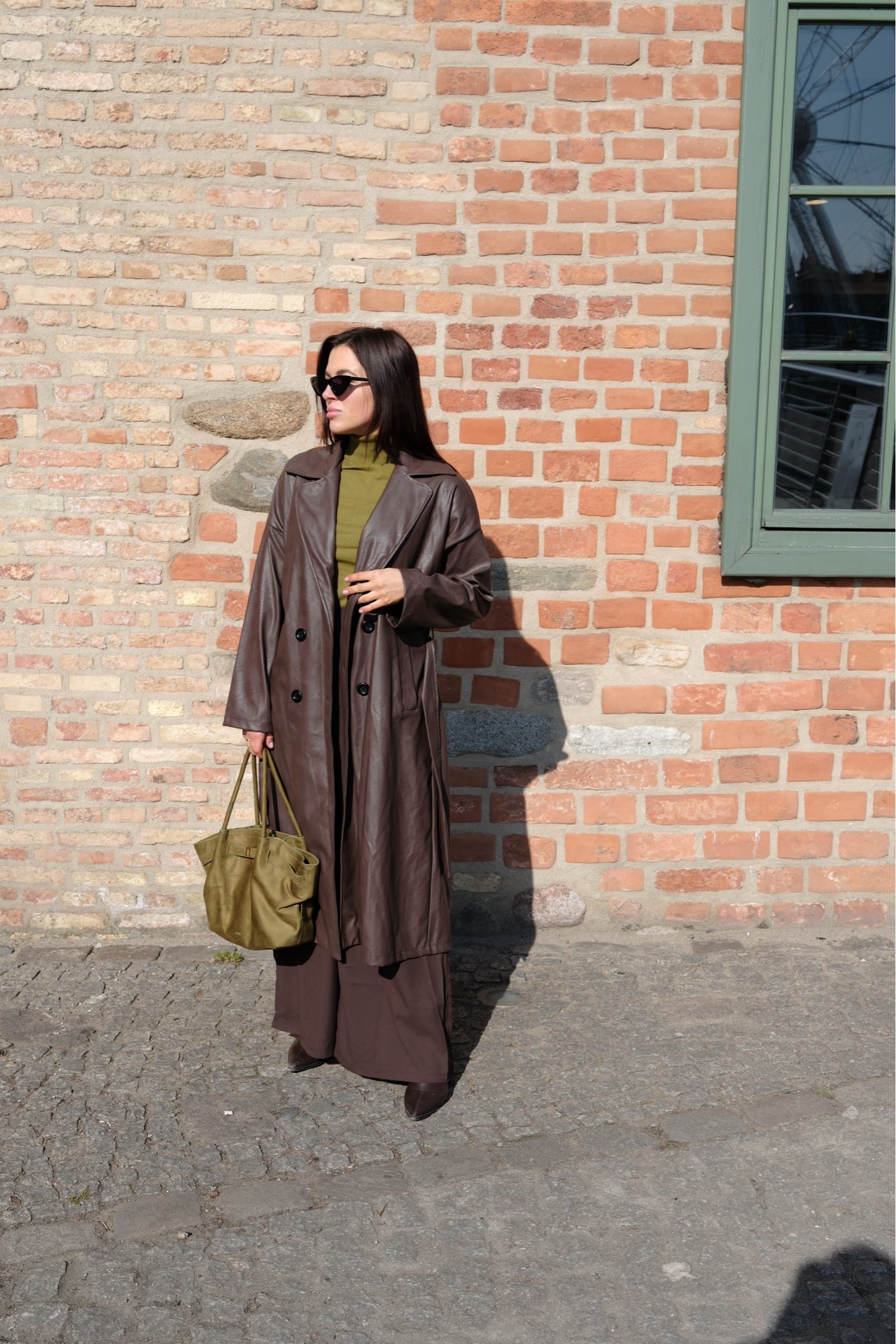 Luca - chocolate long trench coat with eco-leather ties