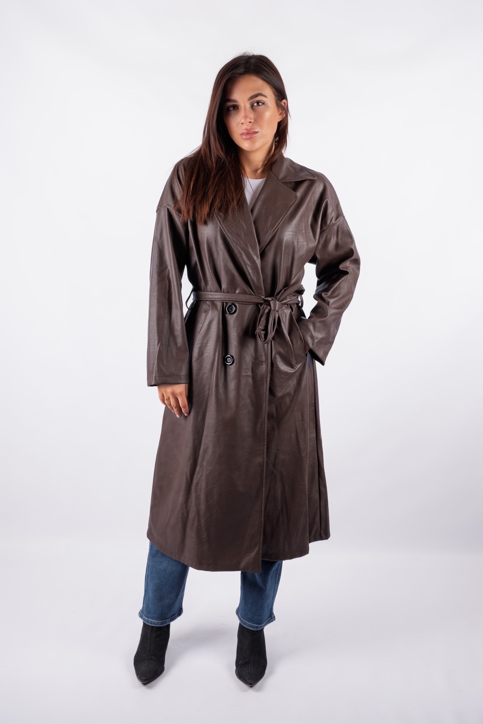 Luca - chocolate long trench coat with eco-leather ties