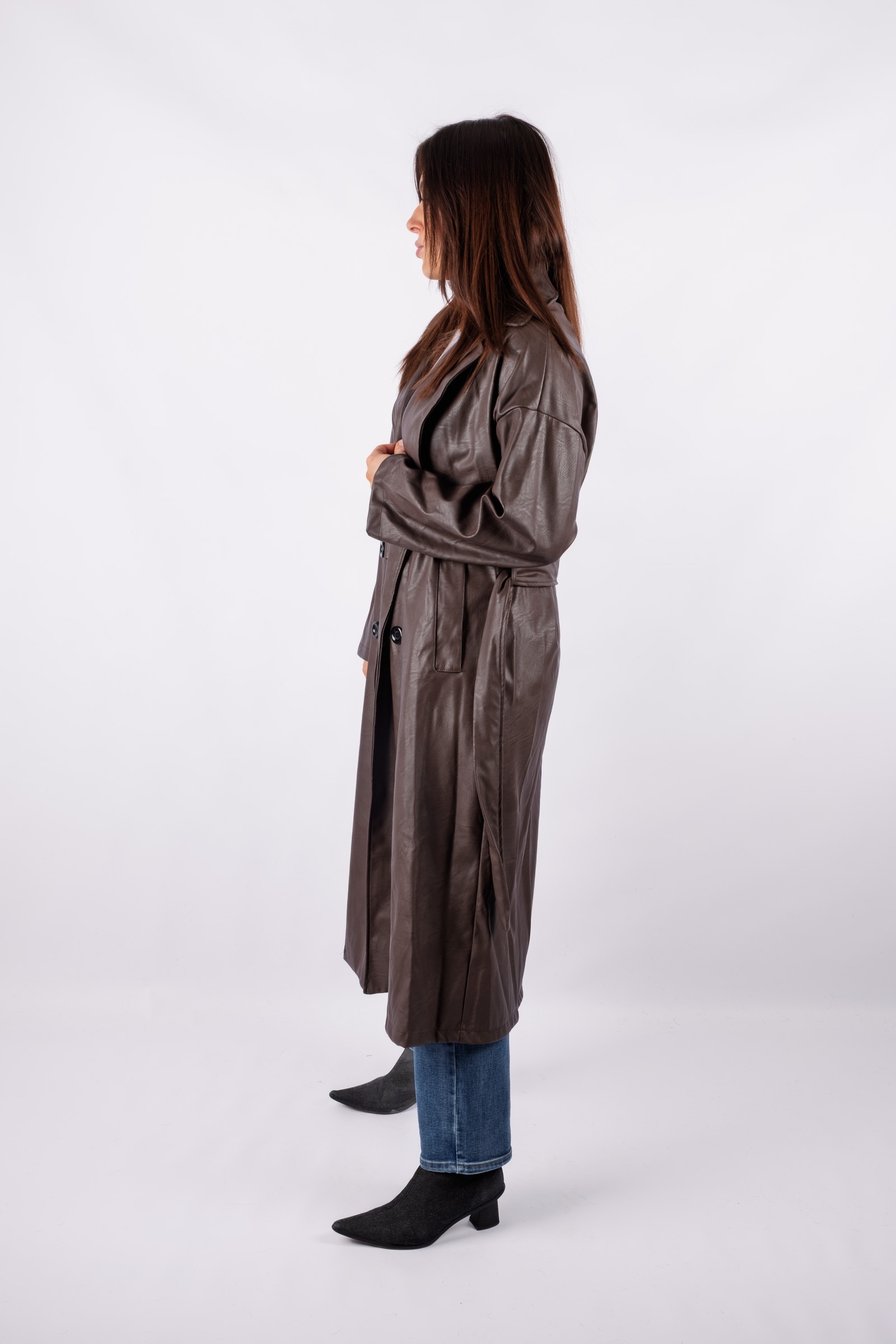 Luca - chocolate long trench coat with eco-leather ties