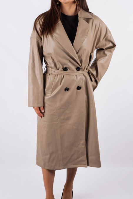 Luca - dark beige long trench coat with eco-leather ties