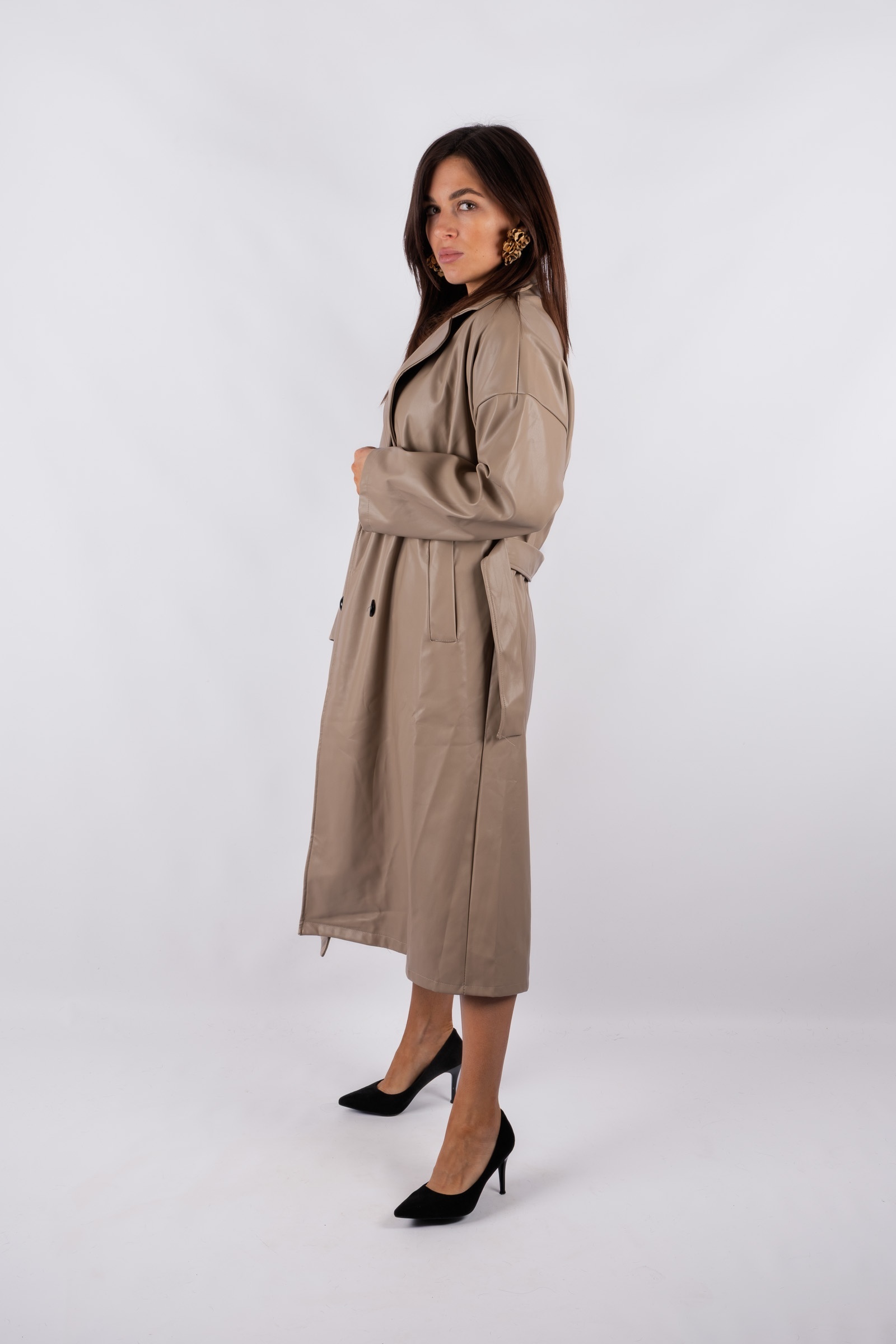 Luca - dark beige long trench coat with eco-leather ties