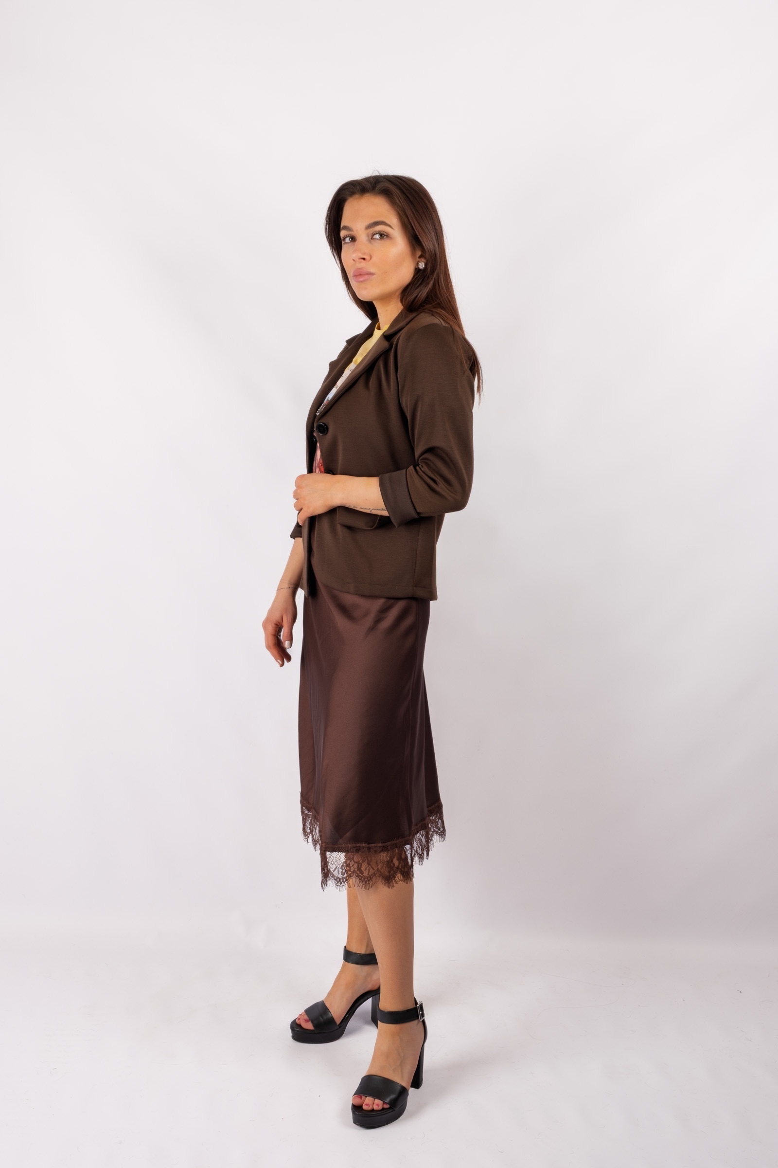 Lonela - brown satin skirt with lace