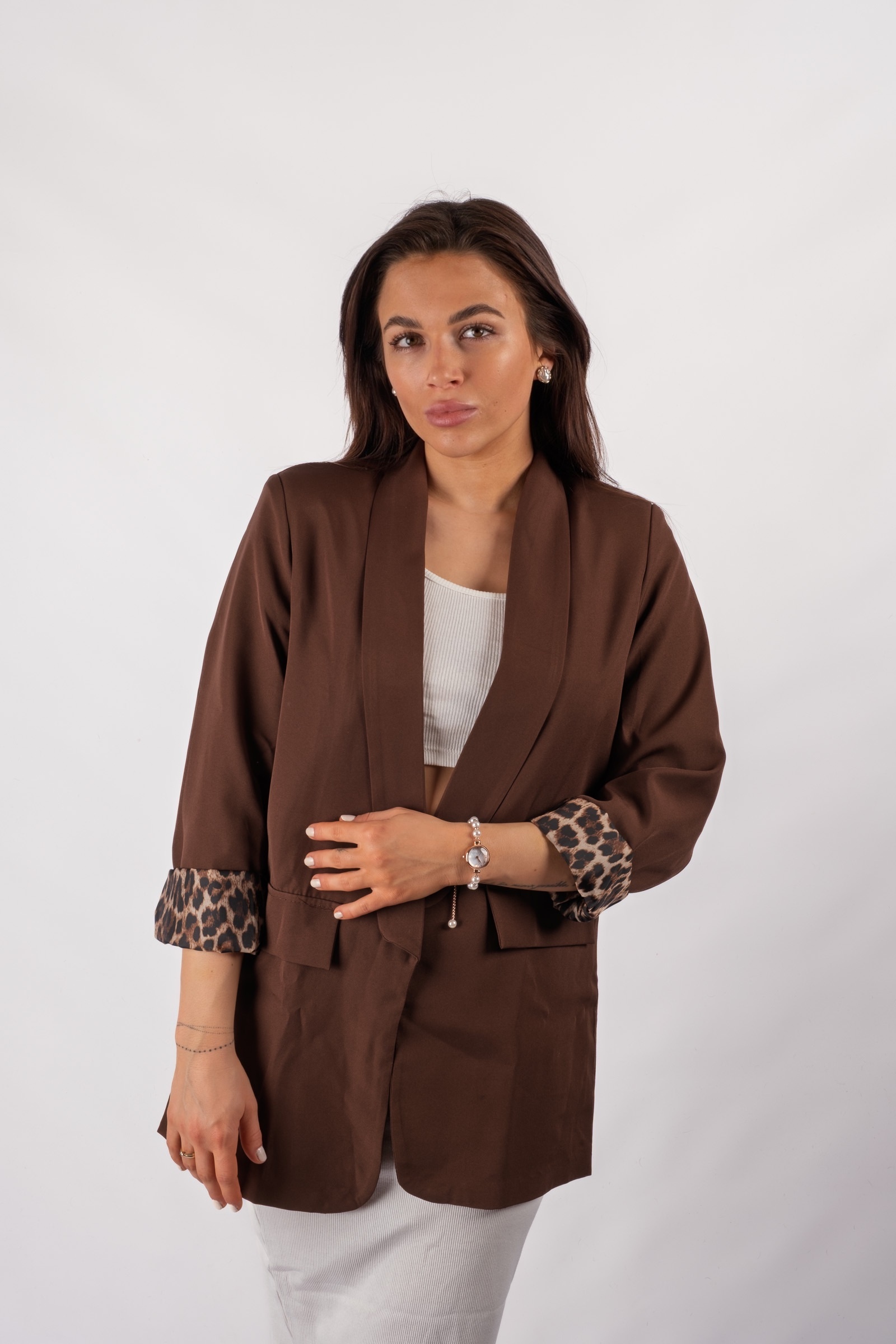 Print - brown blazer with leopard-print lining