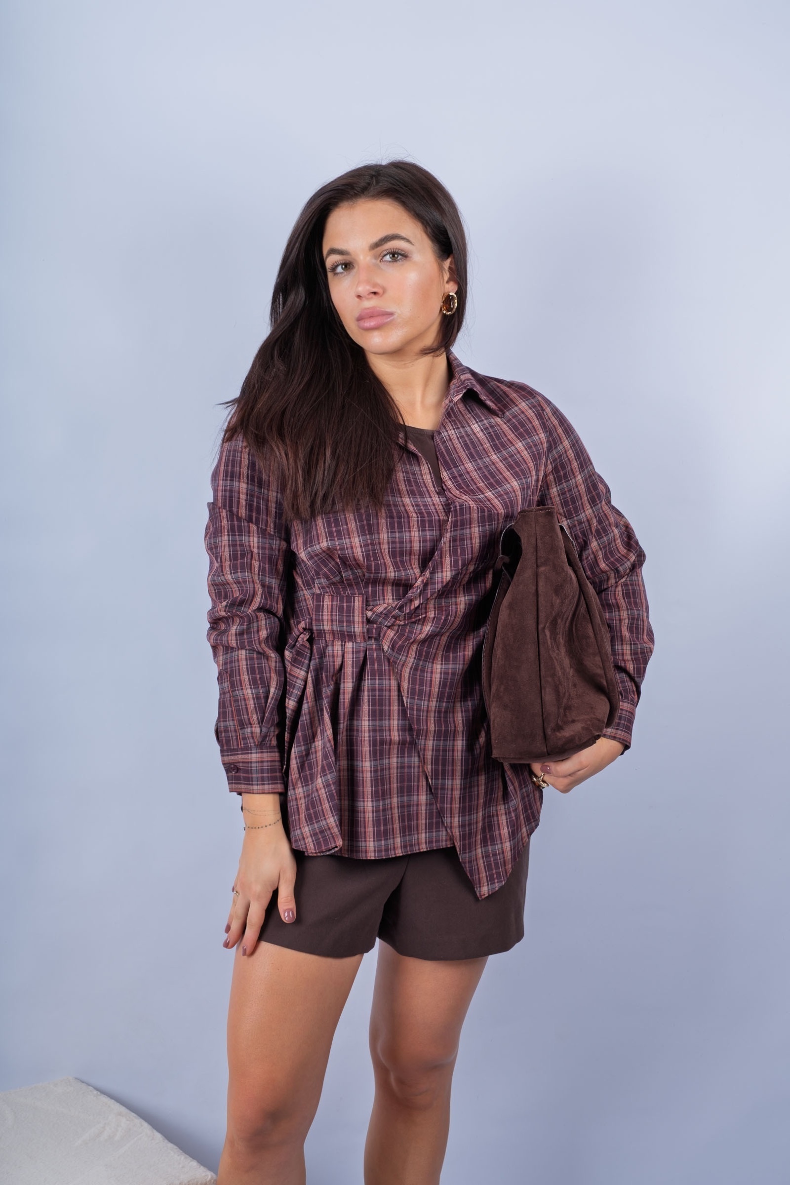 Pura - śliwkowa koszula w kratkę z wiązaniem po boku | Nimes Boutique