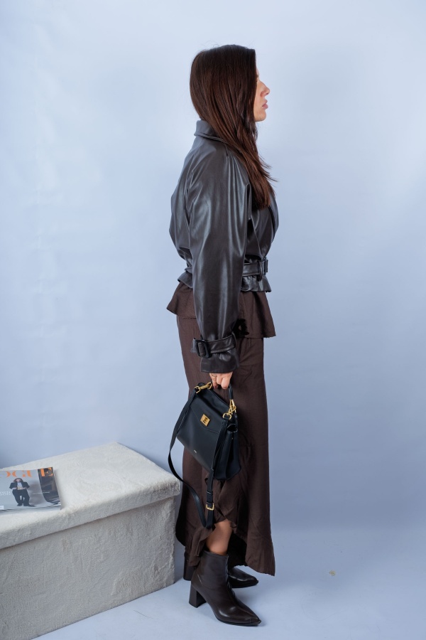 Liren - cropped chocolate faux-leather trench coat | Nimes Boutique 2